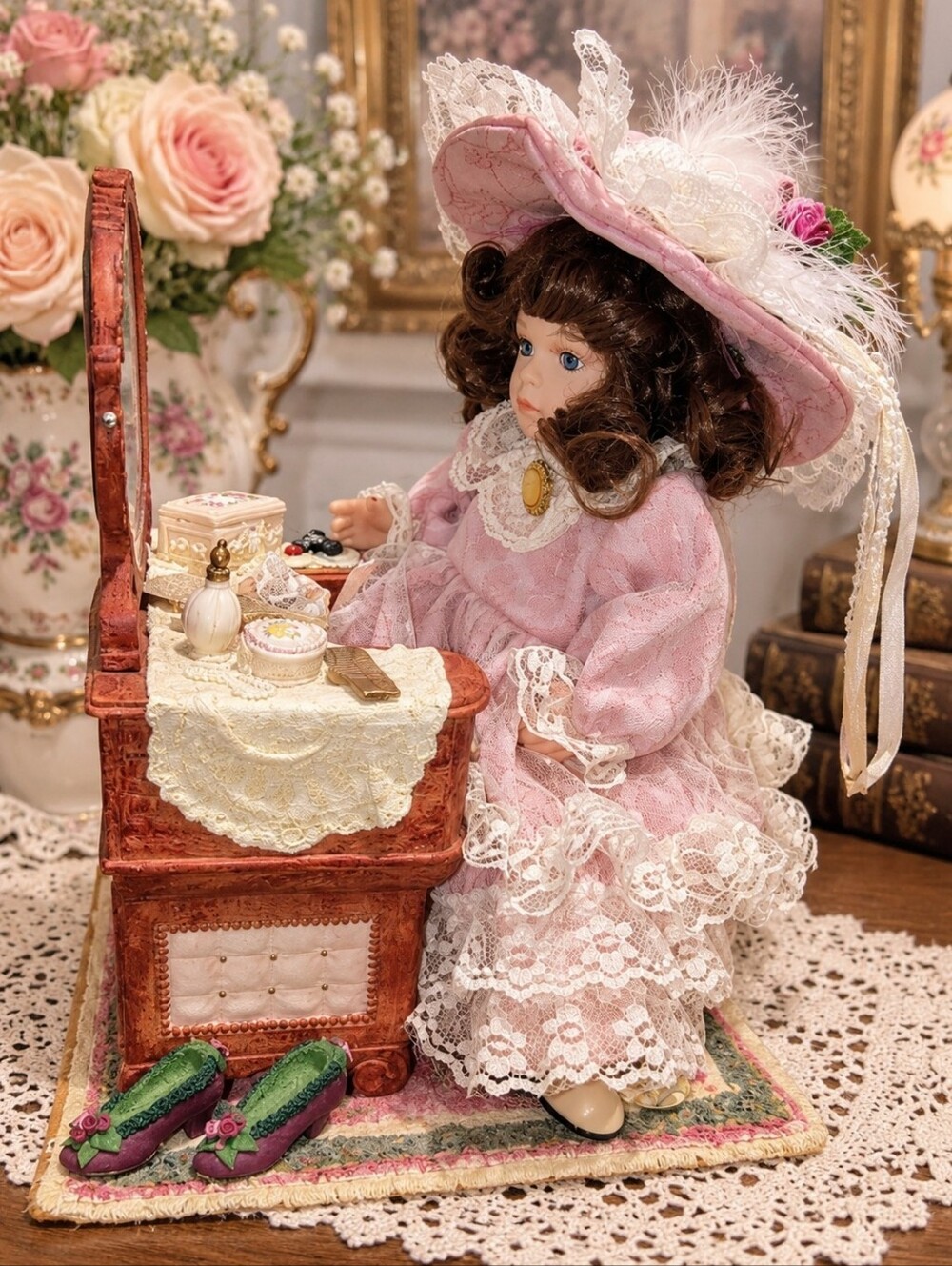 1990s Cracker Barrel Porcelain Victorian Doll Vanity Set Pink Dress Accessories